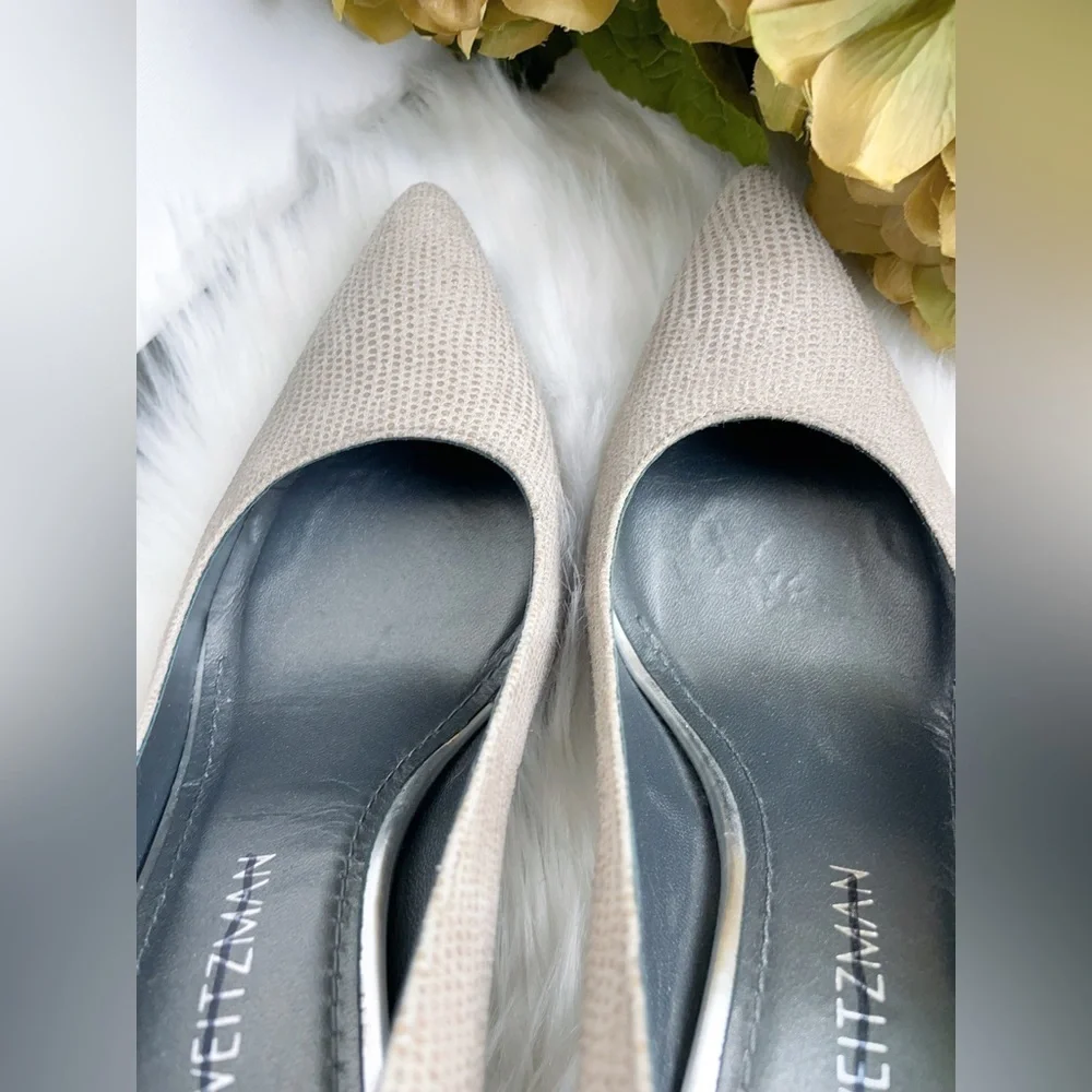 Stuart Weitzman Casual Beige Textured Block Heel Pumps Pointed Toe Women's Shoes